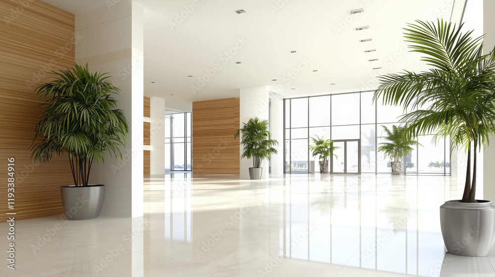 Bright and airy lobby with large windows, modern design, and indoor plants Bright and airy lobby with large windows, modern design, and indoor plants