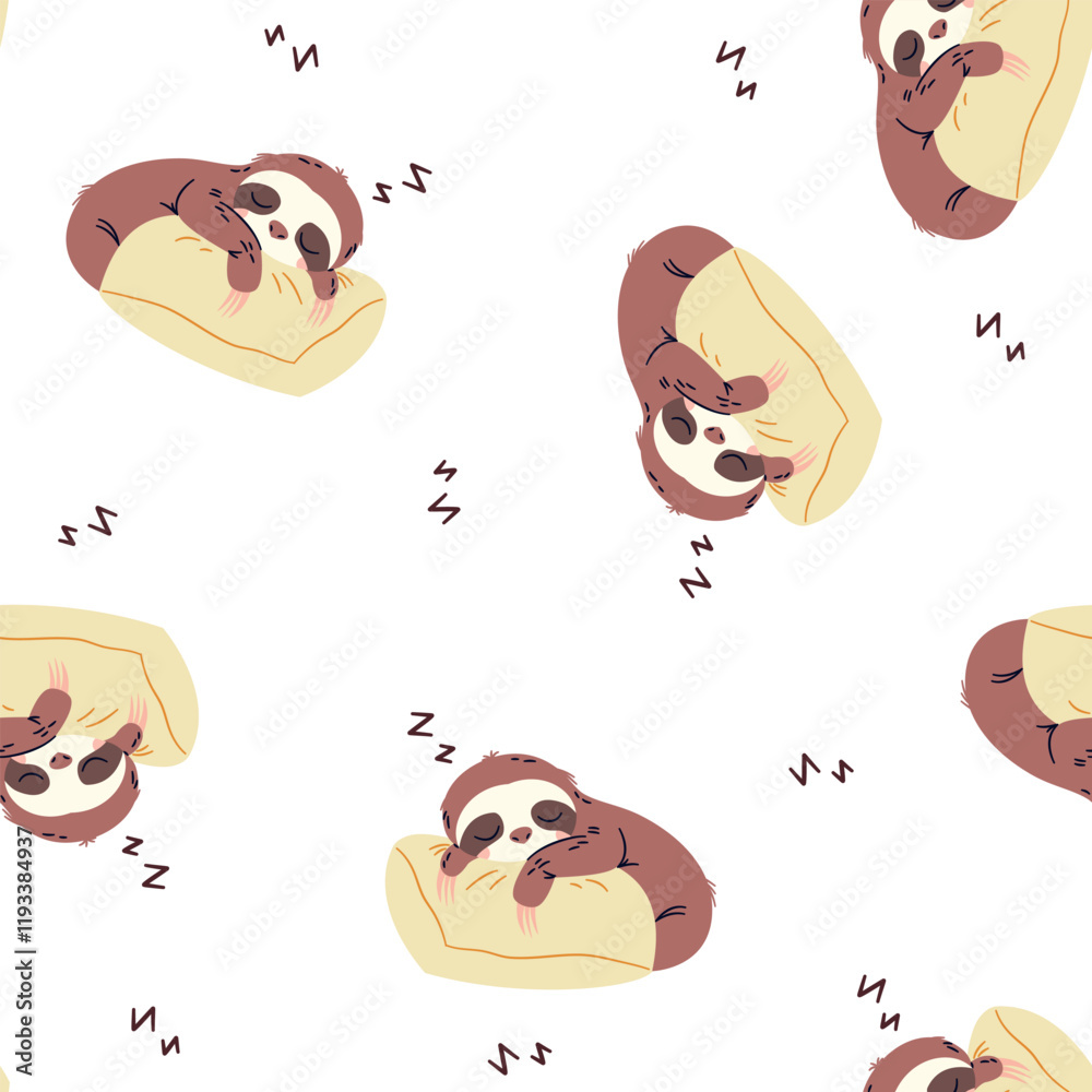 Naklejka premium Seamless vector pattern in a simple childish style. Cute sloth sleeping on a pillow. Vector illustration