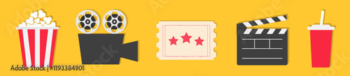 Movie night Cinema icon set. Popcorn box Video Camera Movie reel Open clapper board Ticket Admit one three stars. Soda drink. Simple Flat design. Yellow background. Isolated. Vector illustration