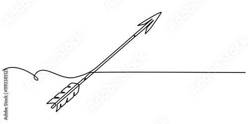 Bow arrow, tribal arrow feather continuous one line drawing, outline pro vector illustration of tribal arrow. simple one line black and whaite background. Minimal tribal arrow icon concept.