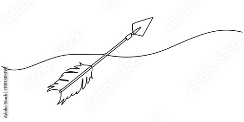 Bow arrow, tribal arrow feather continuous one line drawing, outline pro vector illustration of tribal arrow. simple one line black and whaite background. Minimal tribal arrow icon concept.