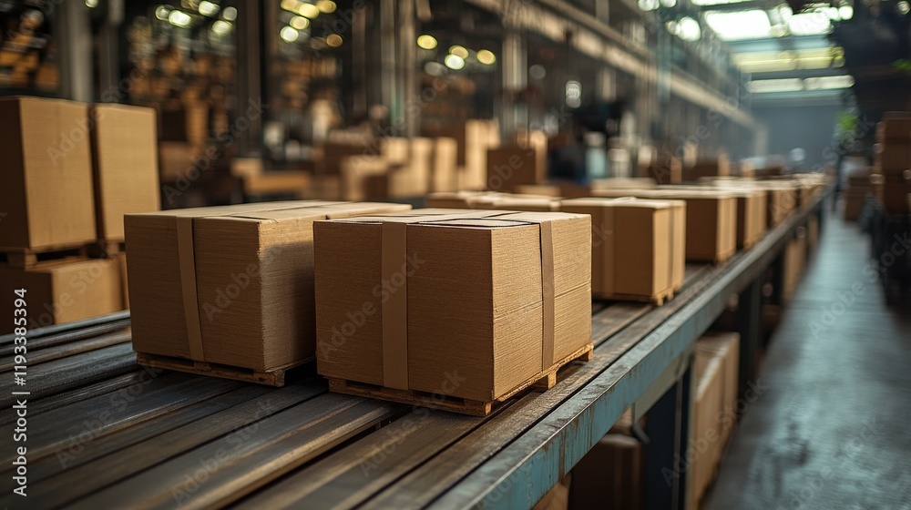 Organized rows of cardboard boxes on a conveyor belt in a warehouse setting reflecting efficient logistics and supply chain operations in modern industry Organized rows of cardboard boxes on a conveyor belt in a warehouse setting reflecting efficient logistics and supply chain operations in modern industry