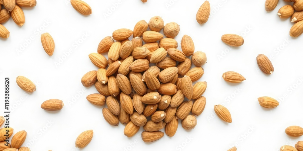Almond heap arranged in a pattern on a white background, composition, design element Almond heap arranged in a pattern on a white background, composition, design element