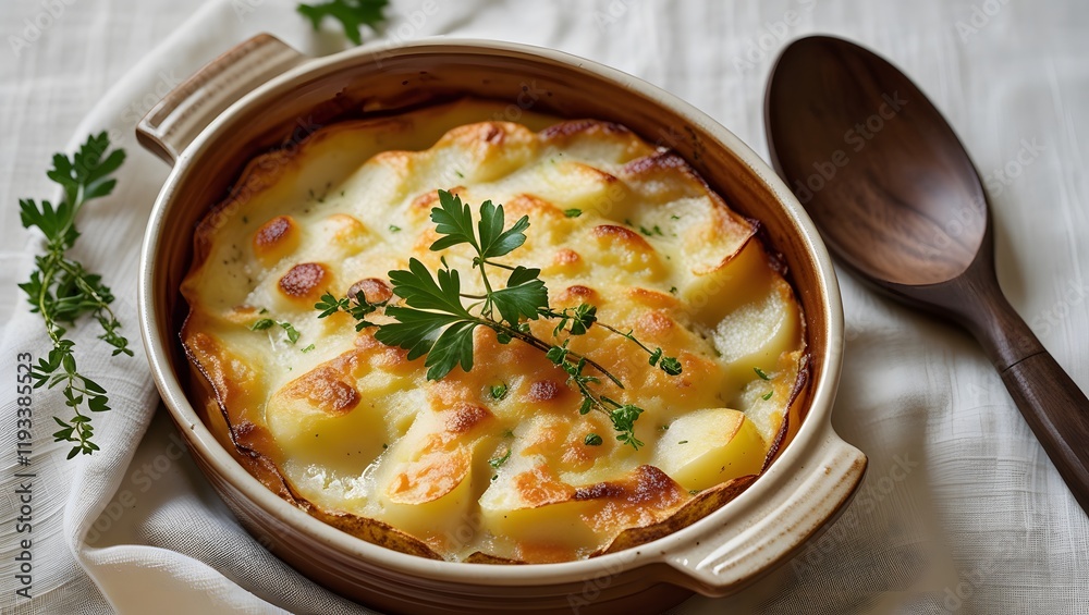 Gratin Dauphinoise with a wooden serving spoon and fresh herbs garnishing the dish. Gratin Dauphinoise with a wooden serving spoon and fresh herbs garnishing the dish.