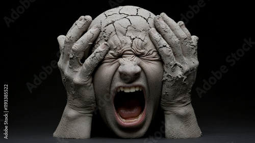 Agony: A dramatic close-up of a sculpted head, its face contorted in a scream, hands clawing at a cracked skull. The image evokes feelings of intense pain, suffering, and desperation.