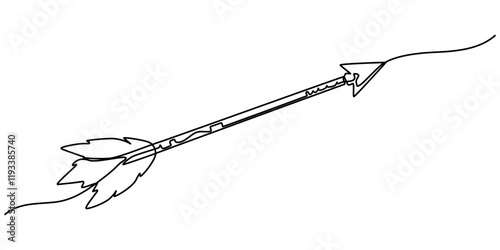 Bow arrow, tribal arrow feather continuous one line drawing, outline pro vector illustration of tribal arrow. simple one line black and whaite background. Minimal tribal arrow icon concept.