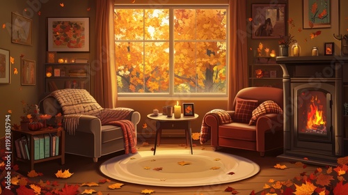 Autumn living room, cozy fireplace, warm sunshine, fall leaves photo