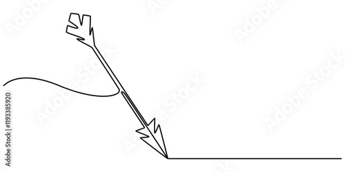 Bow arrow, tribal arrow feather continuous one line drawing, outline pro vector illustration of tribal arrow. simple one line black and whaite background. Minimal tribal arrow icon concept.