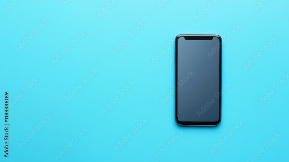 A detailed close-up view of a cell phone resting on a smooth blue surface, showcasing its design and features with clarity and precision. A detailed close-up view of a cell phone resting on a smooth blue surface, showcasing its design and features with clarity and precision.