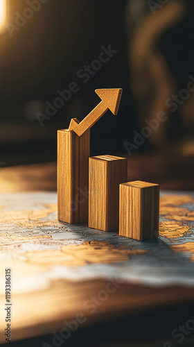 Wooden bar graph with an arrow on a world map symbolizing global growth trends photo