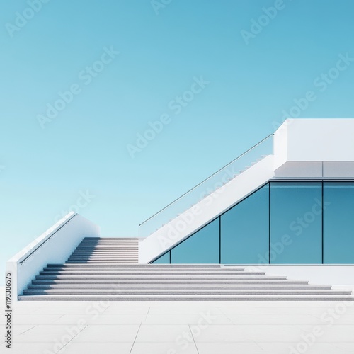 A modern white building featuring a prominent staircase and a sleek glass wall, showcasing contemporary architectural design elements.