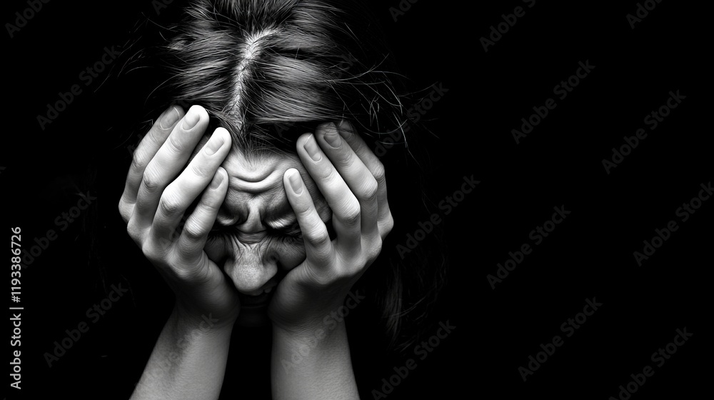 The Weight of Emotion: A woman's face is obscured by her hands, conveying raw emotion and inner turmoil, a powerful visual representation of the struggle with mental health and emotional distress. The Weight of Emotion: A woman's face is obscured by her hands, conveying raw emotion and inner turmoil, a powerful visual representation of the struggle with mental health and emotional distress.