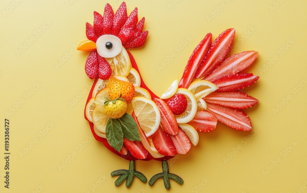 Fototapeta A colorful rooster crafted with bell pepper slices for feathers and a strawberry for the head, displayed on a bright yellow background