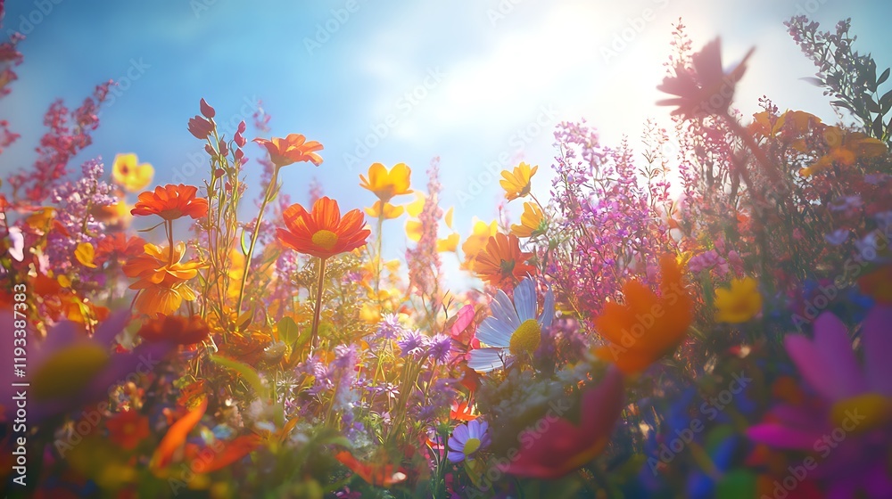 Naklejka premium Vibrant wildflowers bloom brightly in summer sunshine