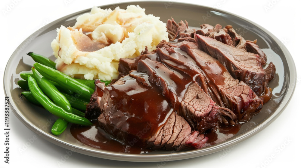 plate of roast beef with mashed potatoes and beans plate of roast beef with mashed potatoes and beans