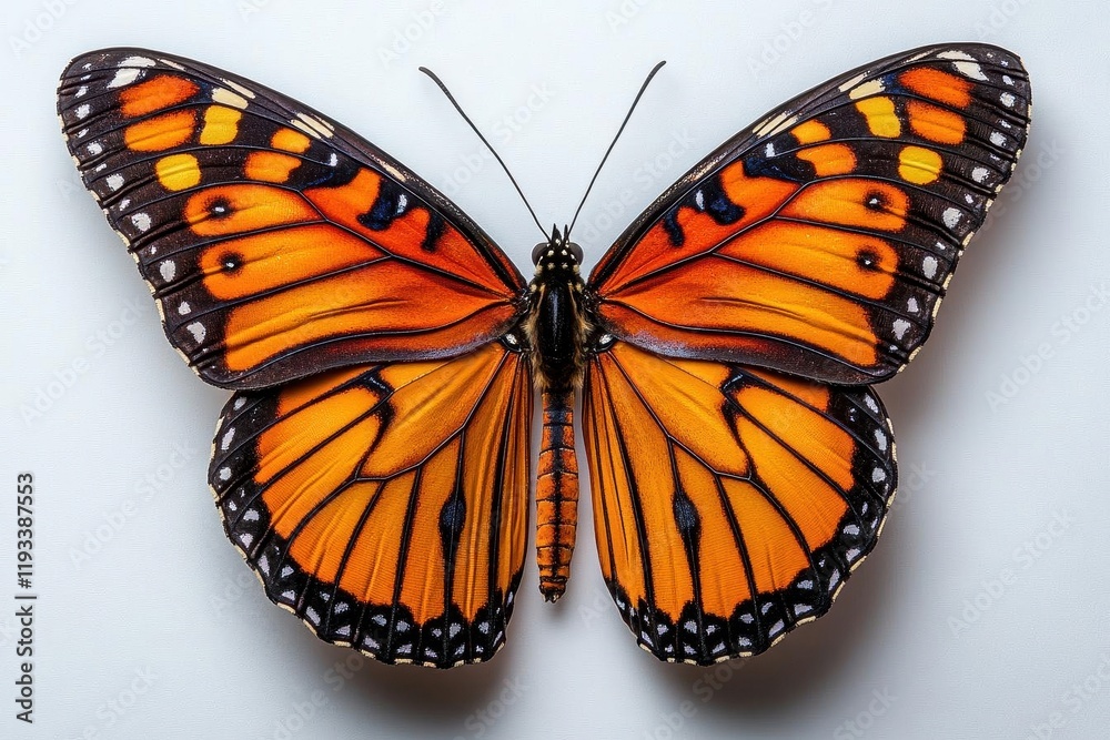Fototapeta premium isolated on a pristine white background, a stunning orange monarch butterfly with intricate wing patterns is depicted in vibrant detail, symbolizing transformation and beauty in nature