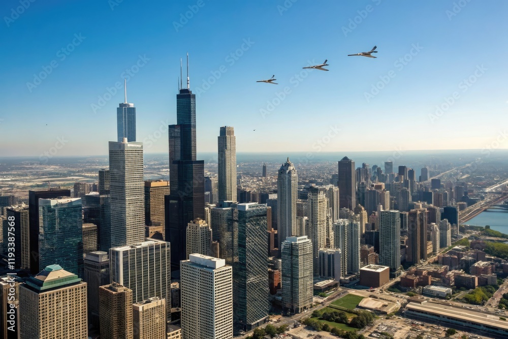 Obraz premium Aerial shot of a city with numerous skyscrapers and planes flying overhead under clear blue skies, skyscrapers, aerial view, urban landscape