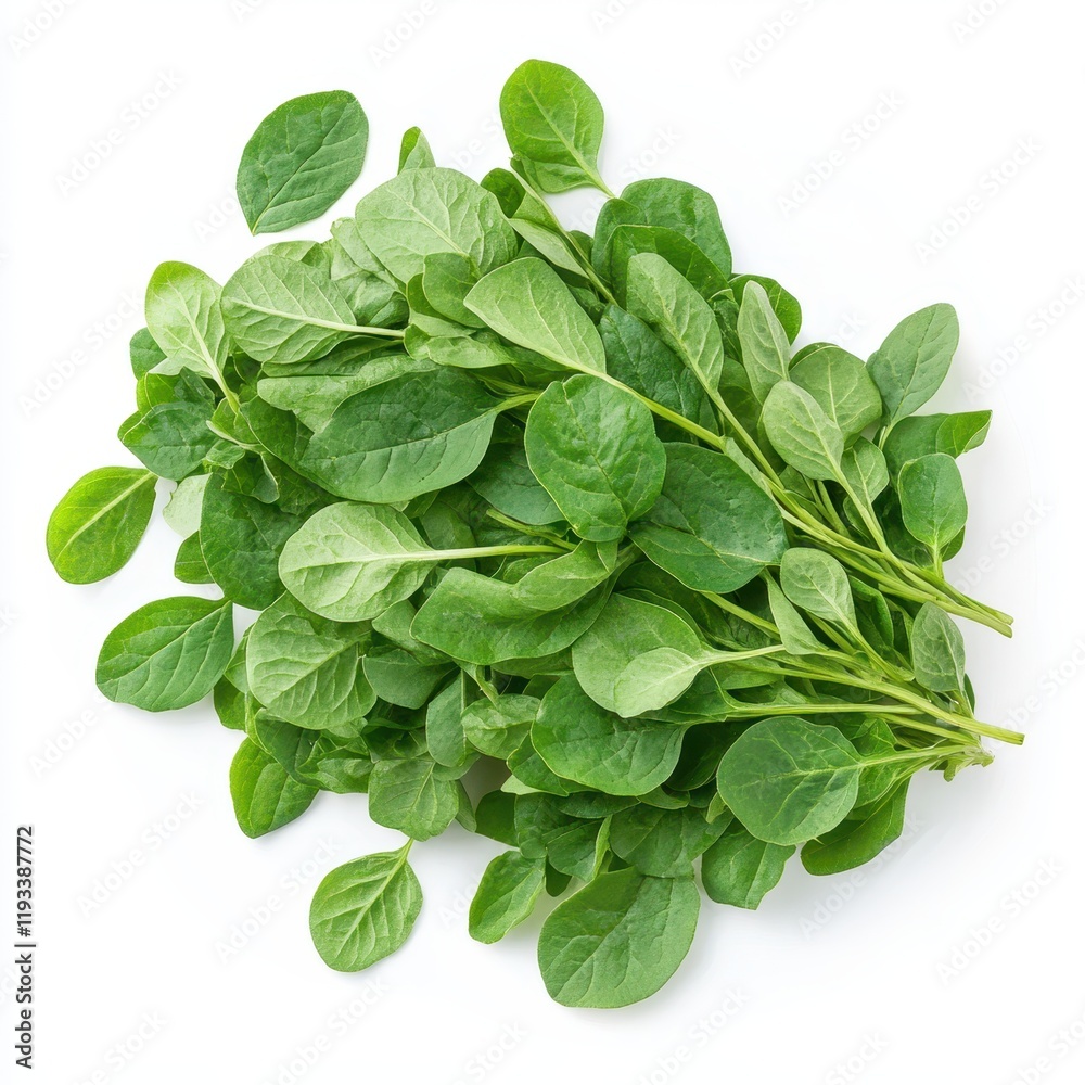 A detailed close-up view of fresh spinach leaves arranged neatly on a clean white surface, showcasing their vibrant green color and texture.