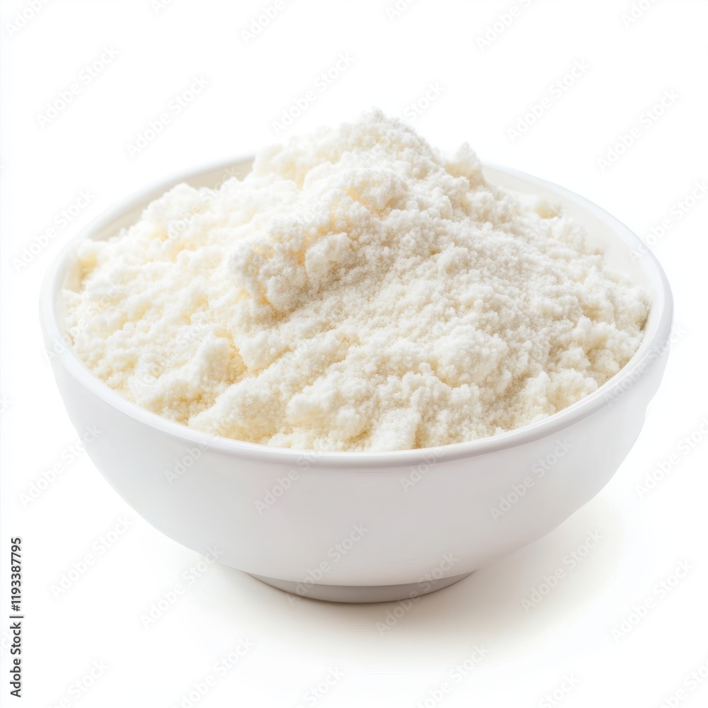 A pristine white bowl filled with flour, set against a clean white background, emphasizing the texture and purity of the ingredient. A pristine white bowl filled with flour, set against a clean white background, emphasizing the texture and purity of the ingredient.