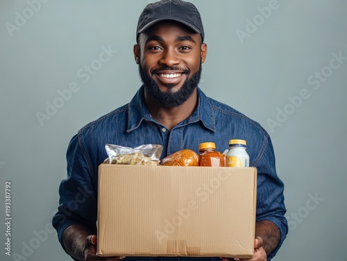 Handsome African American delivery man carrying package box of grocery food and drink from store