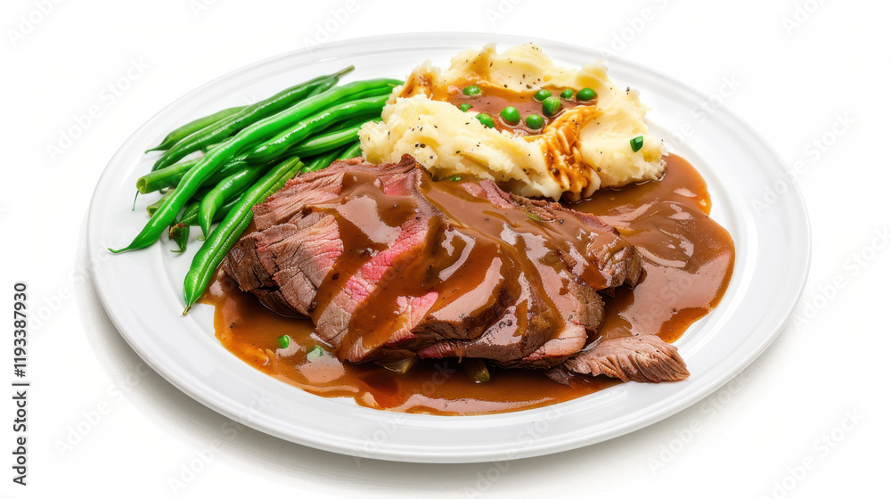 plate of roast beef with mashed potatoes and beans plate of roast beef with mashed potatoes and beans