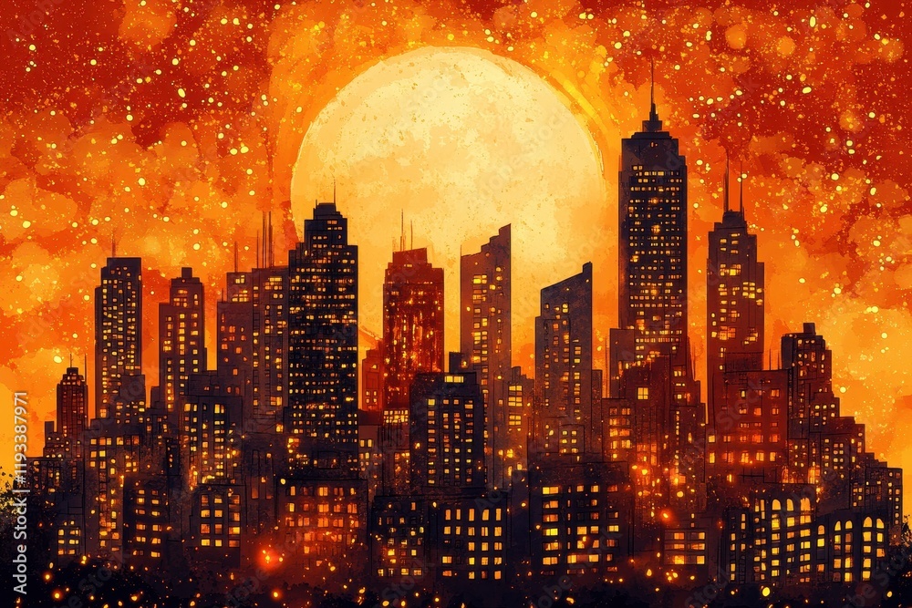 Obraz premium Illuminated City Skyline Underneath a Large Orange Moon
