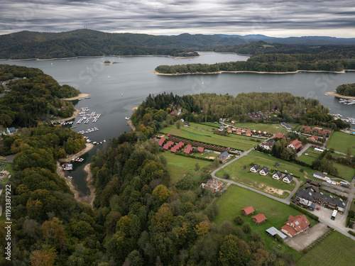 Fototapeta Naklejka Na Ścianę i Meble -  View from a drone of Lake Solina and the surrounding area