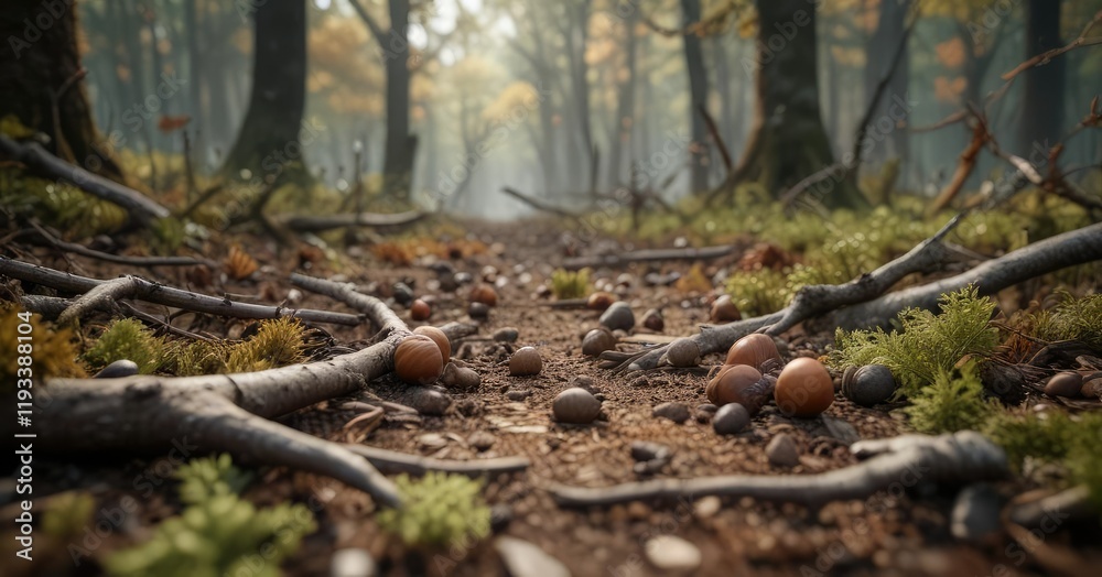 Obraz premium Acorns and sticks on forest ground amidst fallen branches, woodlands, forest ground