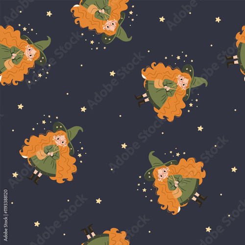 Seamless vector patter in a simple childish style. Cute witch holding a broom on a dark background, stars . Vector illustration
