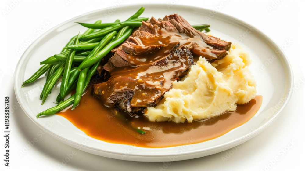plate of roast beef with mashed potatoes and beans plate of roast beef with mashed potatoes and beans