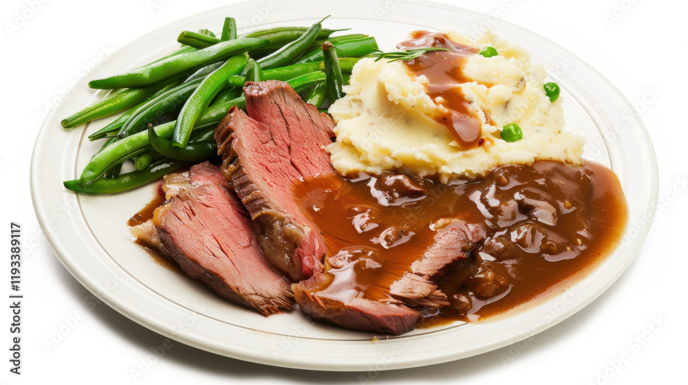 plate of roast beef with mashed potatoes and beans plate of roast beef with mashed potatoes and beans