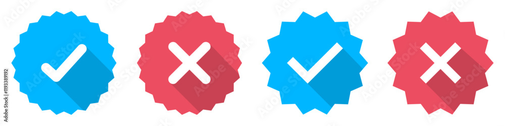 Obraz premium Starburst yes tick and no cross buttons. Profile verification with check marks and cross mark icons set red and blue color. Verified and unverified account sign. Flat design. Vector illustration.