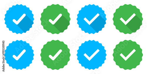 Verified badge icons set in blue and green color. Approved tick buttons set isolated. Certificate badge. Quality certified icons.  Account verification checkmark sign. Vector illustration