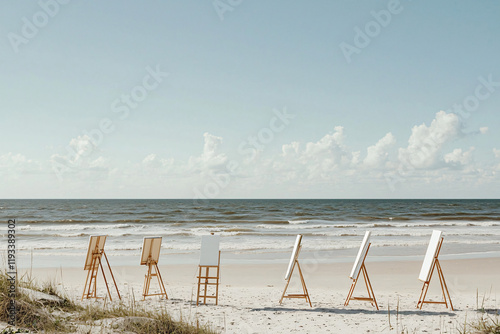 beachside art class with multiple easels photo