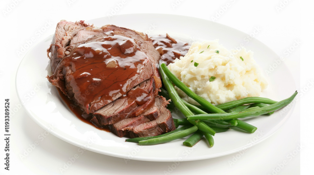 plate of roast beef with mashed potatoes and beans plate of roast beef with mashed potatoes and beans