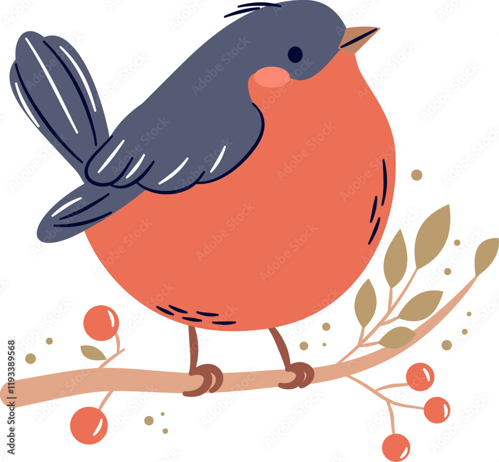 Obraz premium A cute bird on a white background sits on a branch. Flat vector illustration in simple child style . Vector illustration