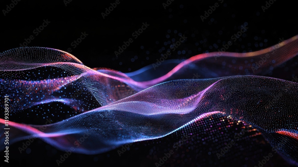 Fototapeta premium Colorful Waves of Light Abstract Background in Motion with Glittering Particles for Digital Design and Technology Themes
