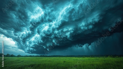 Dramatic storm clouds loom over a lush green field, hinting at an impending downpour in nature