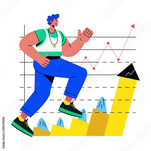 A flat illustration of a person running up a chart, symbolizing progress