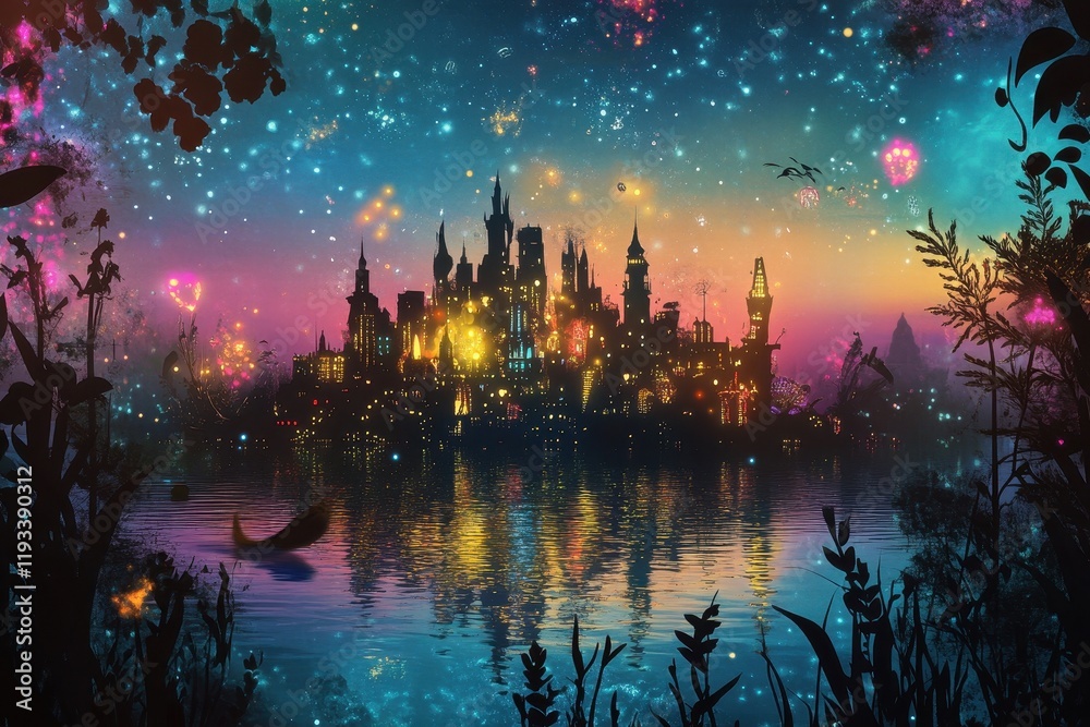 Fototapeta premium Magical Cityscape Illuminated at Night by Fireworks