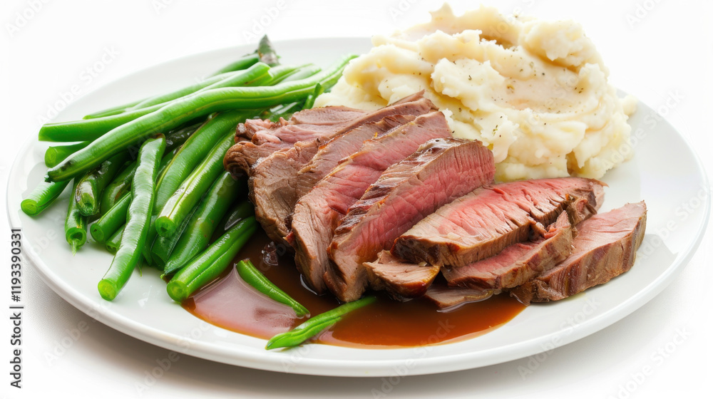 plate of roast beef with mashed potatoes and beans plate of roast beef with mashed potatoes and beans