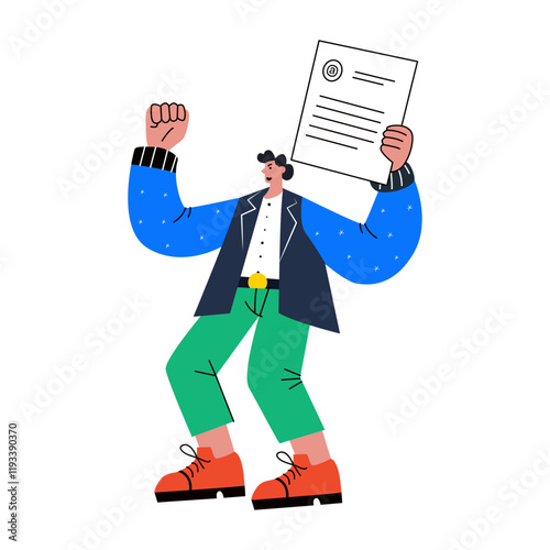 A flat illustration of a person celebrating with a winning proposal