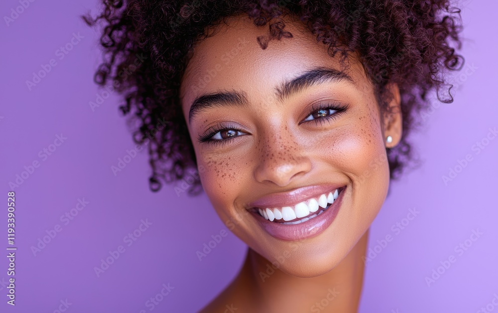 A mesmerizing smile with flawless teeth and a touch of natural lip gloss, captured on a soft lilac background A mesmerizing smile with flawless teeth and a touch of natural lip gloss, captured on a soft lilac background