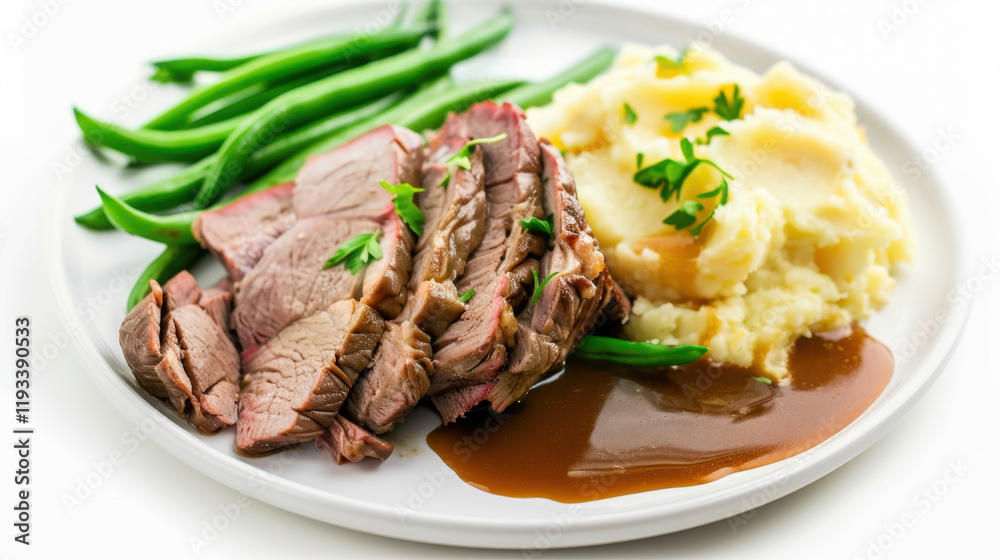 plate of roast beef with mashed potatoes and beans plate of roast beef with mashed potatoes and beans