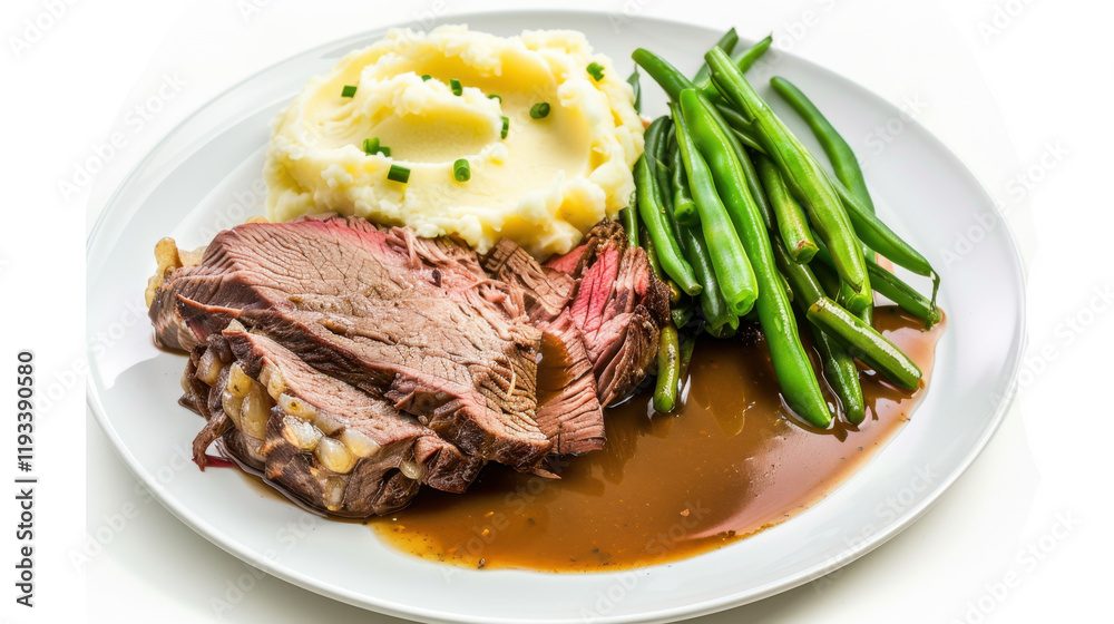 plate of roast beef with mashed potatoes and beans plate of roast beef with mashed potatoes and beans