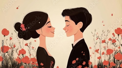 Romantic couple embracing amidst blooming red poppies in serene animation