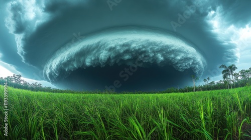 Dramatic storm clouds gather over a lush green field, creating an intense atmosphere of impending rain
