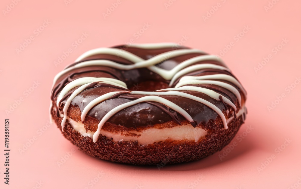 A chocolate donut with a drizzle of white chocolate, hovering against a pastel coral backdrop A chocolate donut with a drizzle of white chocolate, hovering against a pastel coral backdrop