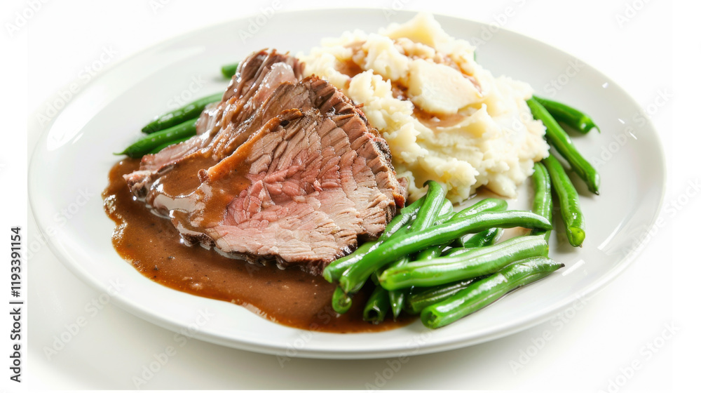 plate of roast beef with mashed potatoes and beans plate of roast beef with mashed potatoes and beans