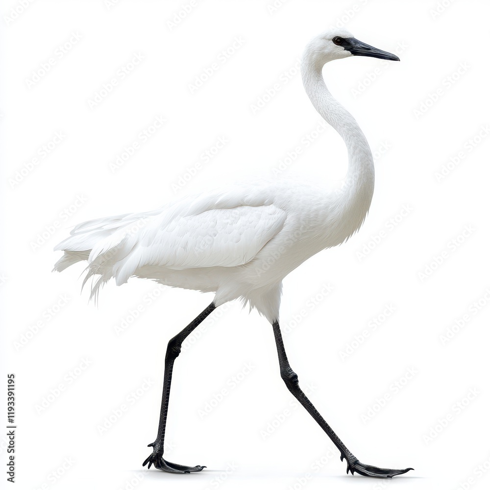Obraz premium A giraffe strides gracefully on a smooth white surface, showcasing its long neck and distinctive beak in a serene setting.